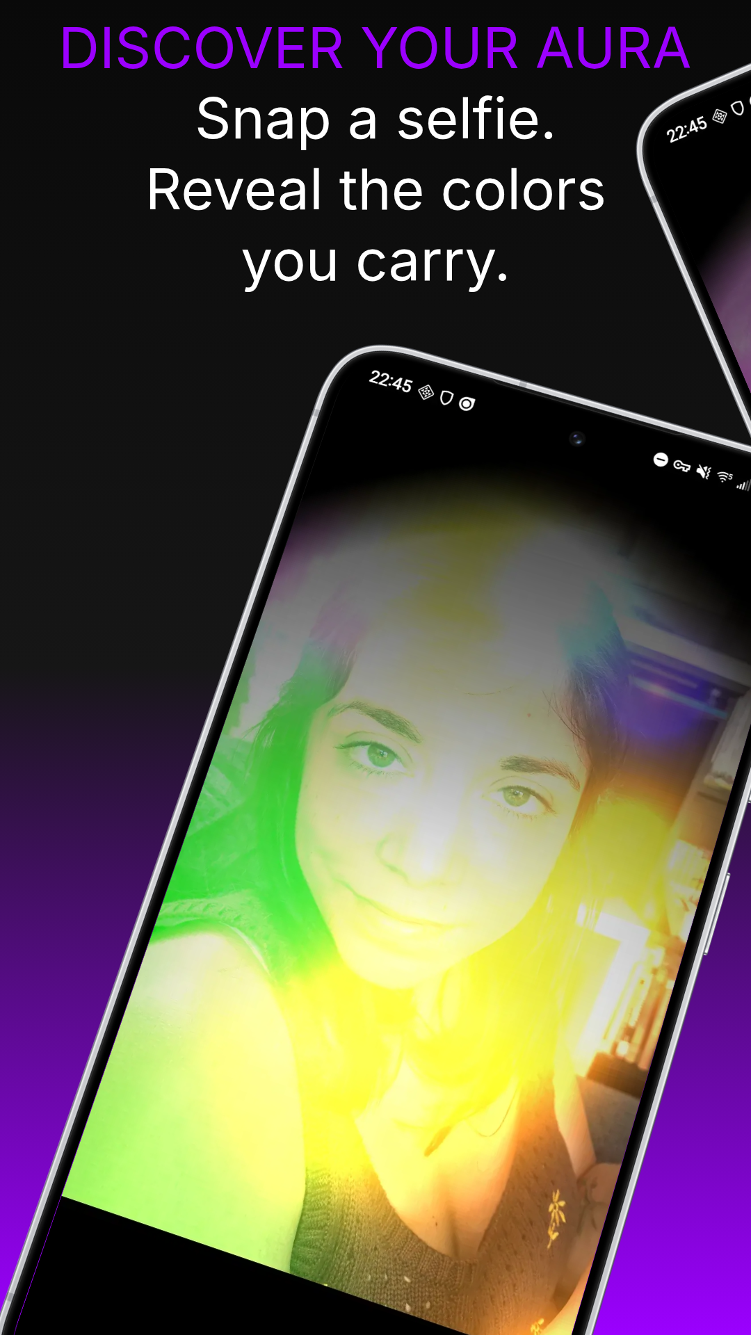 Aura Photos app showing a selfie surrounded by violet, magenta, and gold aura colors